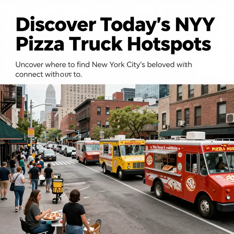 A busy New York City street featuring multiple food trucks serving delicious pizza to eager customers.