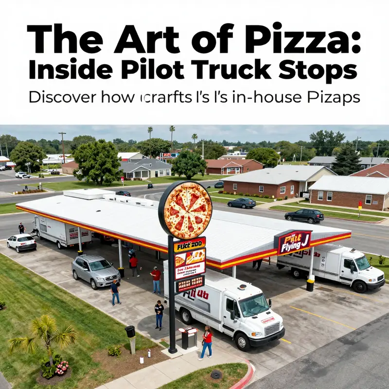 Aerial view of a Pilot Flying J truck stop with a focus on customers and pizza signage, highlighting its vibrant atmosphere.