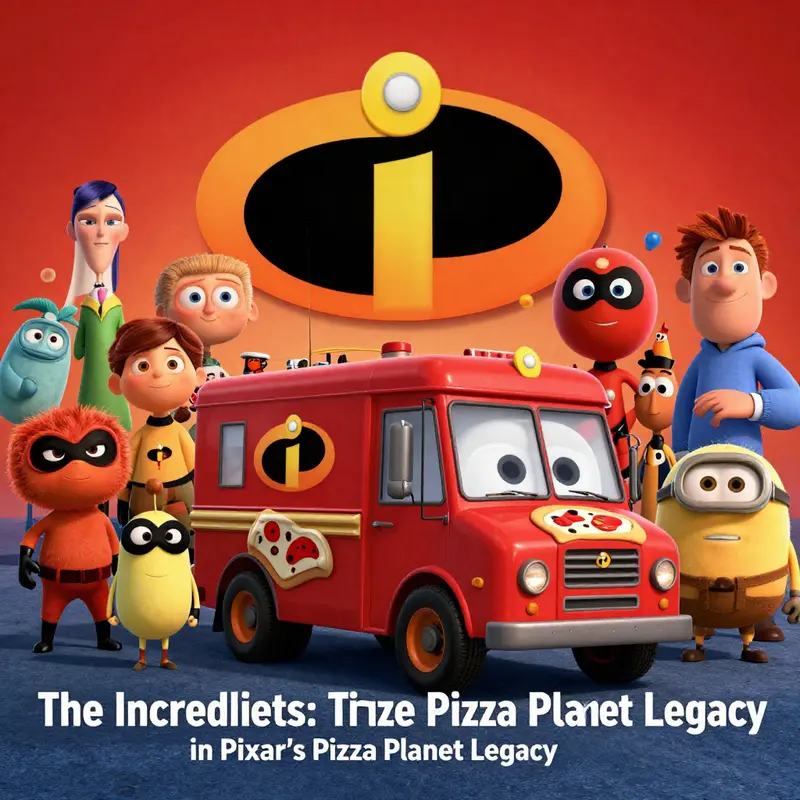 A vibrant artistic representation of the Pixar film universe, featuring various characters and the Pizza Planet Truck.