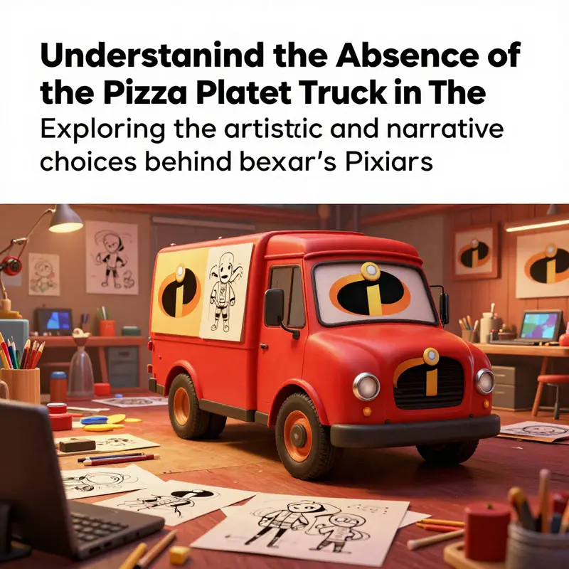 An inside view of Pixar's workspace, filled with character sketches and creative tools used in the making of The Incredibles.