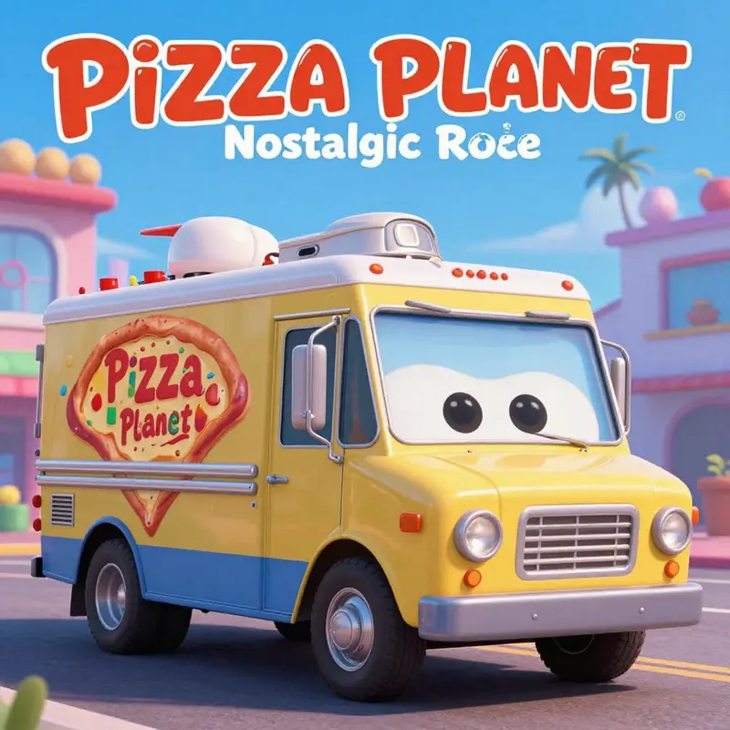 A colorful representation of Pixar films, featuring the Pizza Planet truck and various iconic characters.