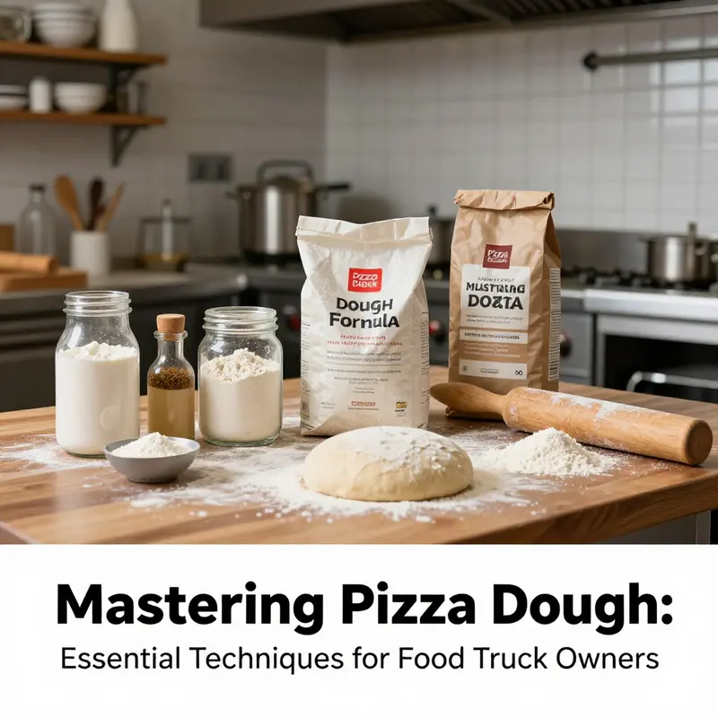 Ingredients for the perfect pizza dough formula laid out in a food truck kitchen.
