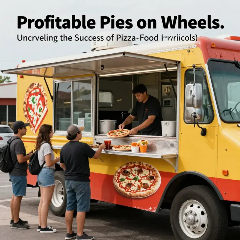 Active pizza food truck with staff preparing pizzas and customers waiting in line.