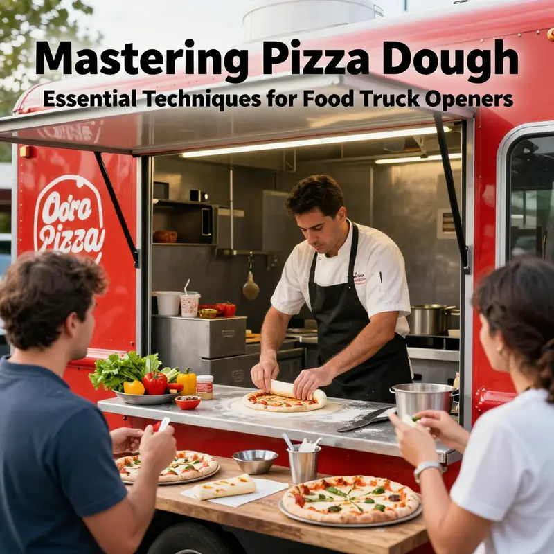 A food truck chef stretching pizza dough with fresh toppings ready for cooking during a busy service.
