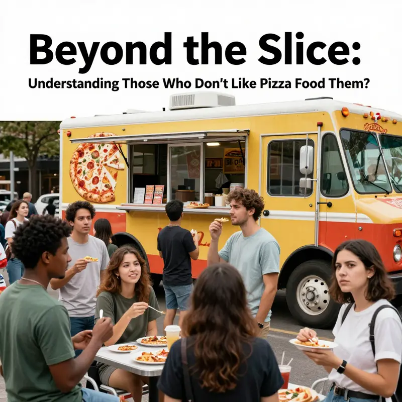 A vibrant gathering around a busy pizza food truck, illustrating mixed reactions from the crowd.