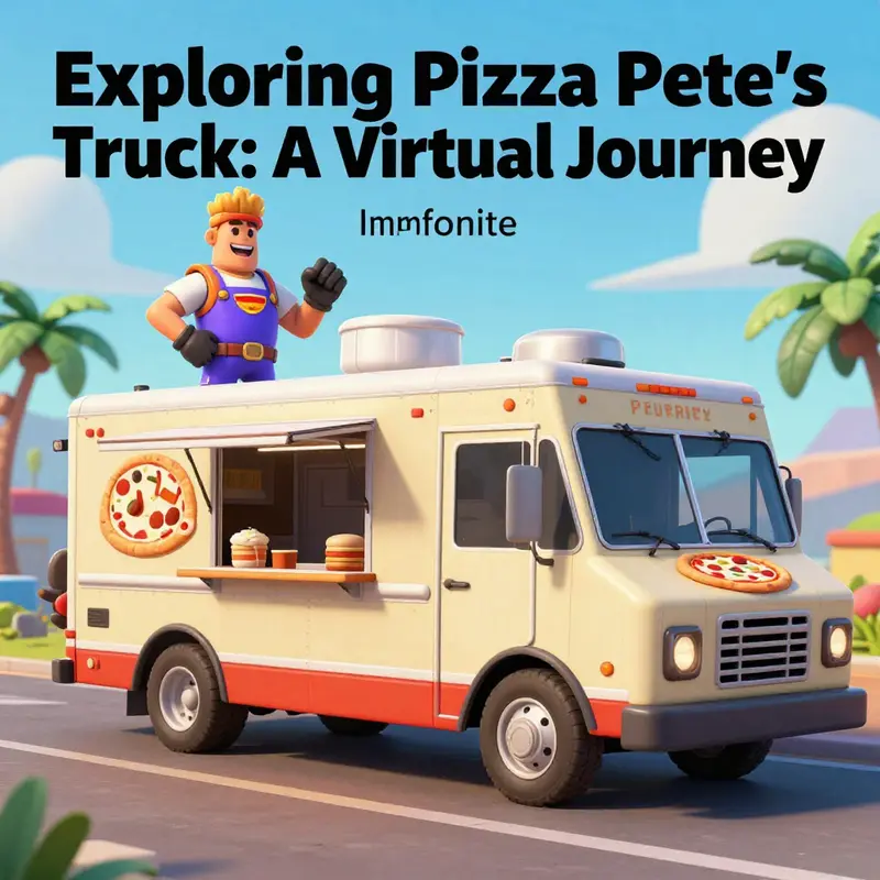 A creative representation of both Fortnite's Pizza Pete's Food Truck and a traditional pizza food truck, highlighting the intersection of gaming and real-world culinary ventures.