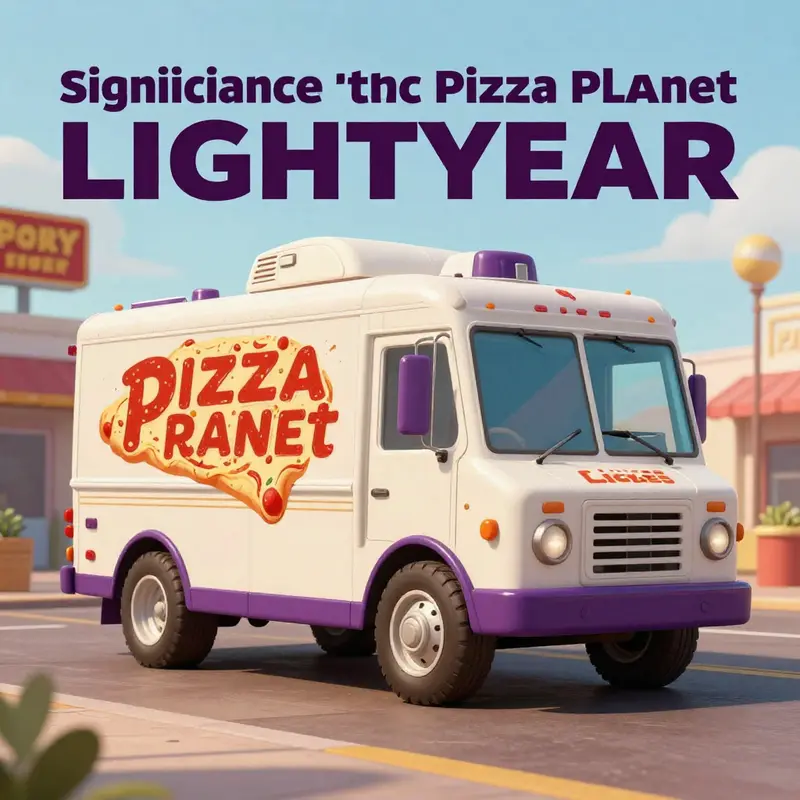 The Pizza Planet truck parked at the Space Ranger Base on Torrance, showcasing its vibrant setting.