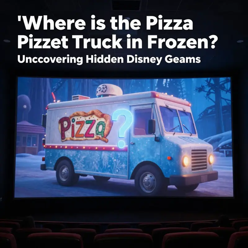 The iconic Pizza Planet truck, absent from Disney’s *Frozen*, highlighted against a Frozen movie scene.