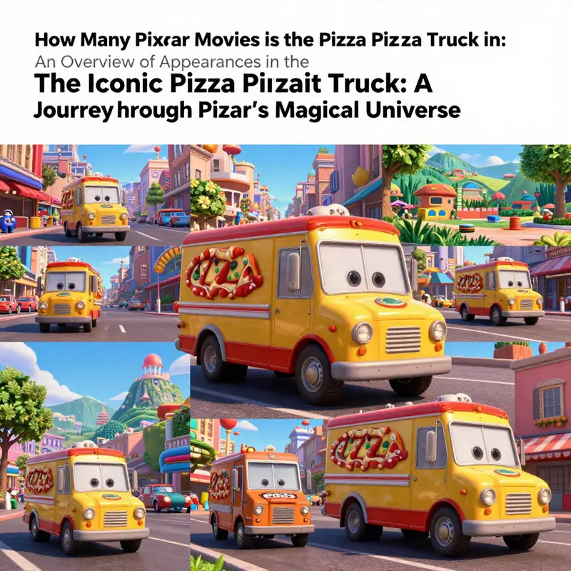A collage showcasing the Pizza Planet Truck appearing in various Pixar films, emphasizing its recurring role.
