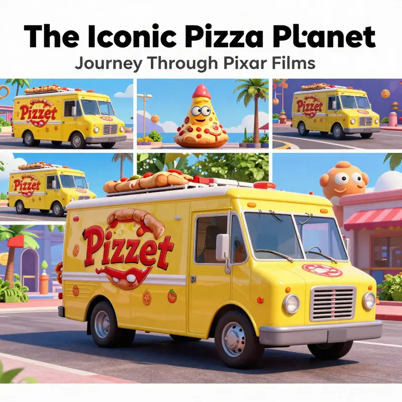 A collage showcasing the Pizza Planet truck from various Pixar films, highlighting its iconic status.