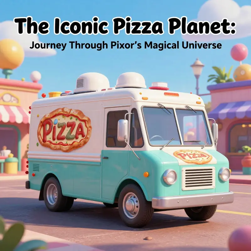 The Pizza Planet Truck featured in diverse Pixar movie settings, capturing the essence of nostalgia and joy.