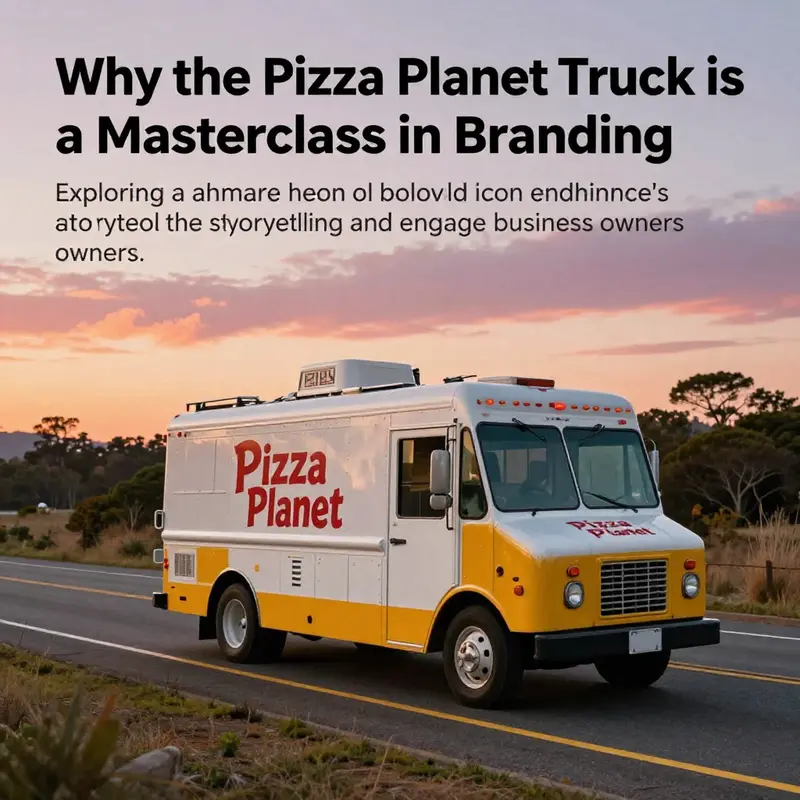 The Pizza Planet Truck parked alongside a scenic roadside, evoking nostalgia.