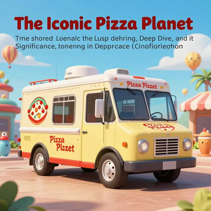 An animated depiction of the Pizza Planet Truck amidst colorful characters and a sunny animated backdrop.