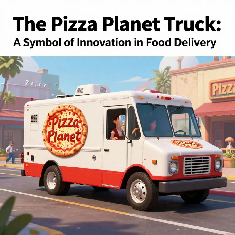 An illustration of the Pizza Planet Truck surrounded by iconic scenes from Pixar films, evoking nostalgia and creativity.