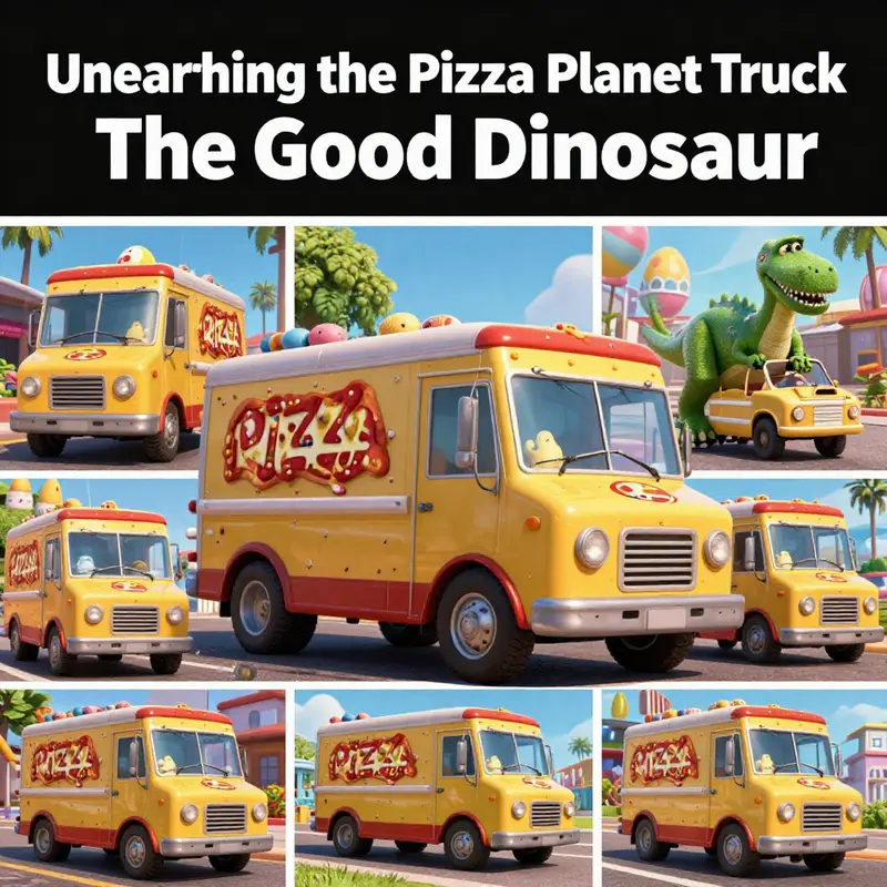 The Pizza Planet Truck nestled next to a barn in the vibrant world of The Good Dinosaur.