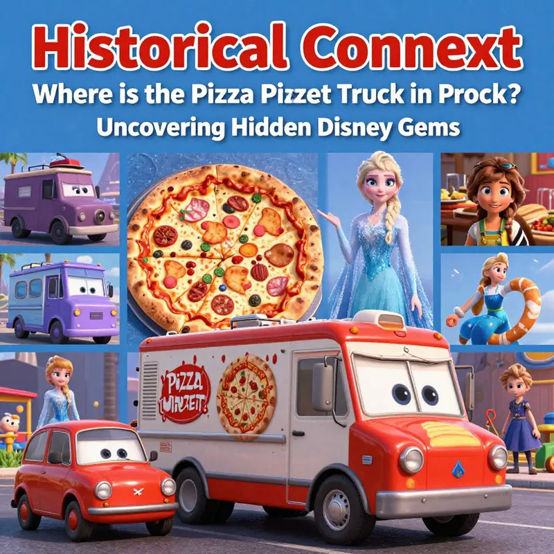 The iconic Pizza Planet truck, absent from Disney’s *Frozen*, highlighted against a Frozen movie scene.