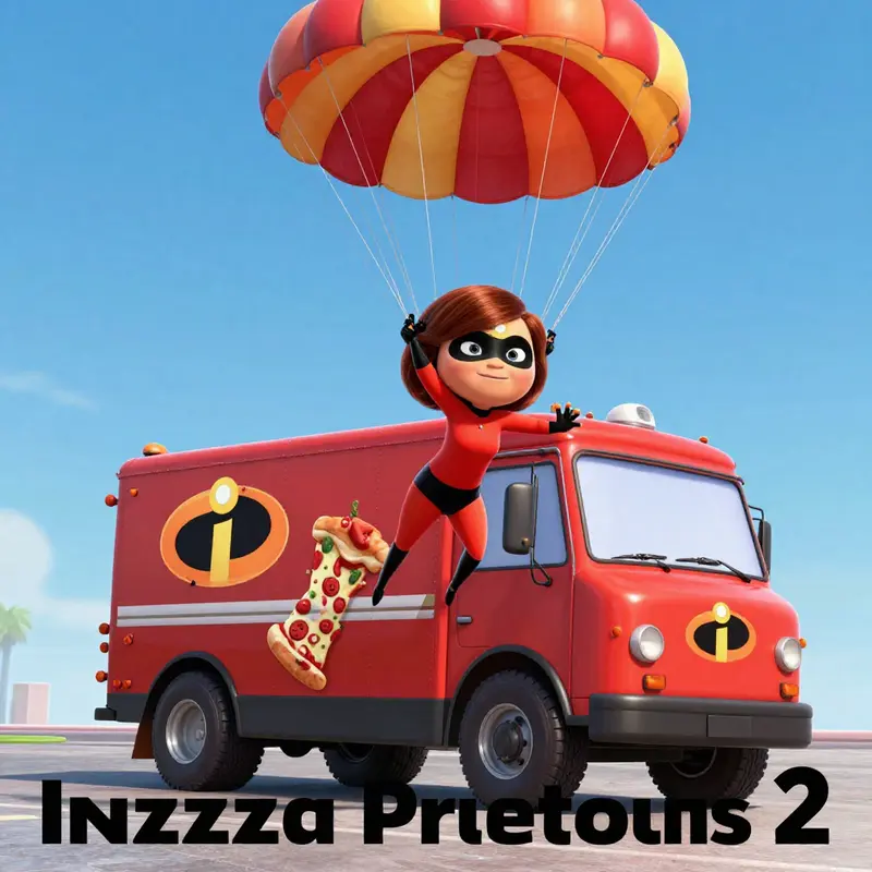 Elastigirl making her daring move with the Pizza Planet Truck visible in the backdrop.