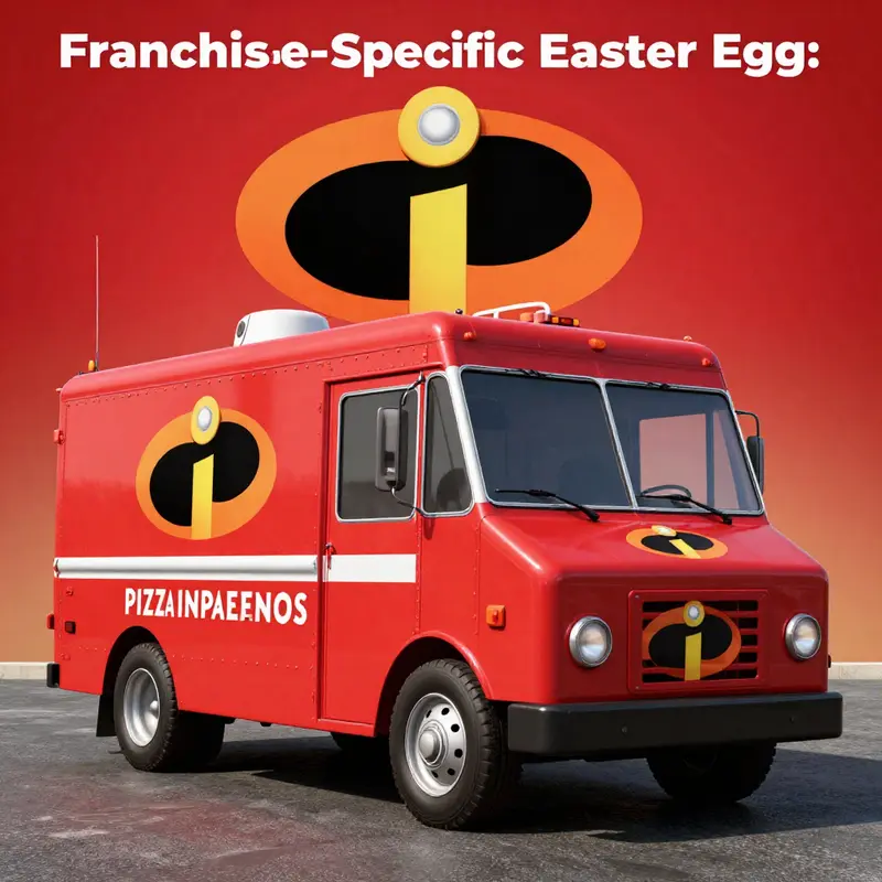 A playful representation of the Pizza Planet truck alongside iconic elements from The Incredibles, showcasing their stylistic differences.