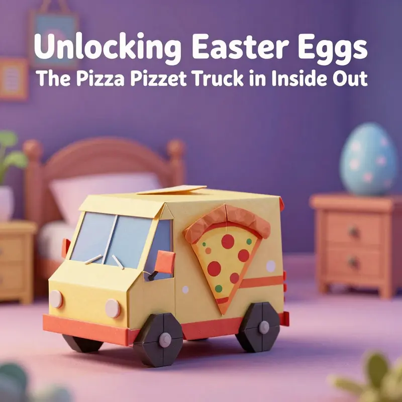 The origami Pizza Planet Truck beside Joy’s bed in Inside Out, showcasing Pixar’s creativity.