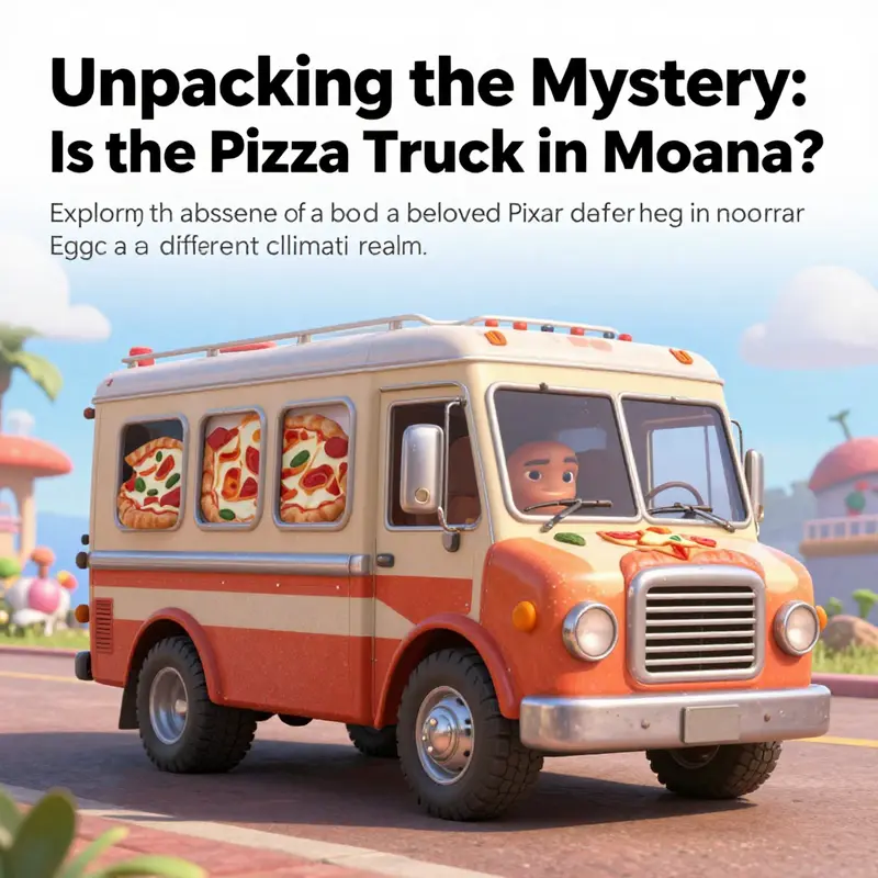 An imaginative illustration combining elements of Moana's landscape with the Pizza Planet truck.
