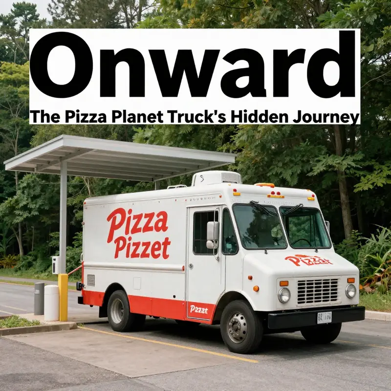 Barley driving past a toll booth, showcasing the iconic Pizza Planet Truck amidst a vibrant landscape in Onward.
