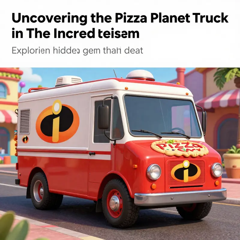 A colorful depiction of the Pizza Planet Truck set in a vibrant Pixar-themed setting, showcasing its iconic design.