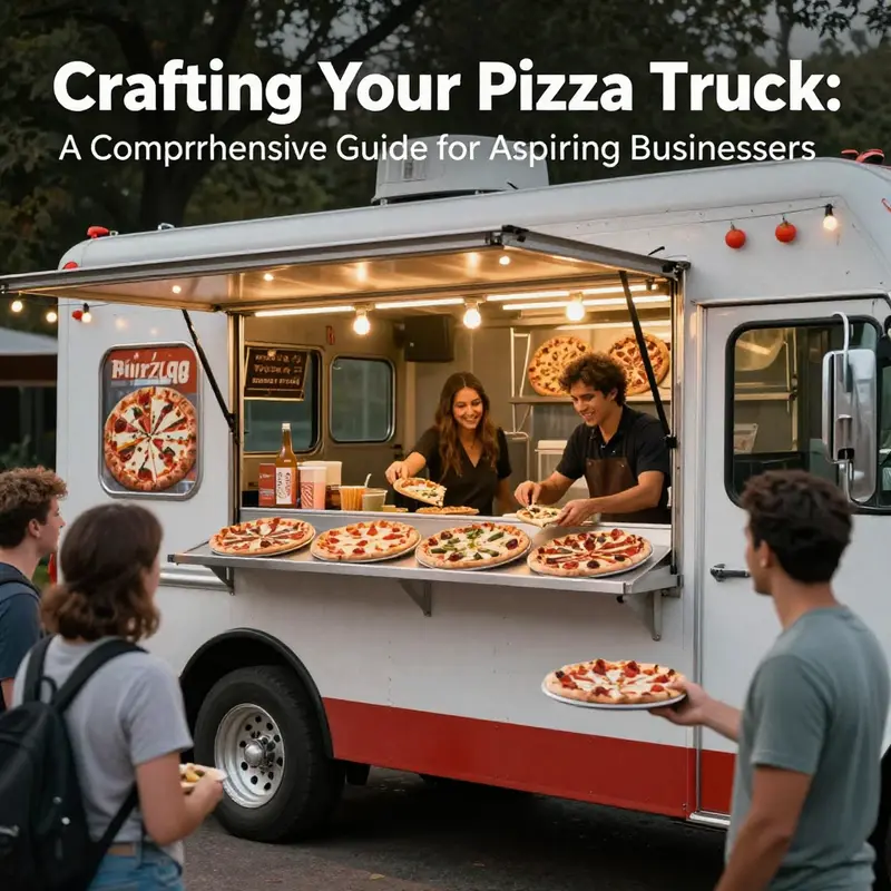 A cheerful pizza truck serving a crowd of happy customers enjoying freshly made pizzas in a vibrant outdoor atmosphere.