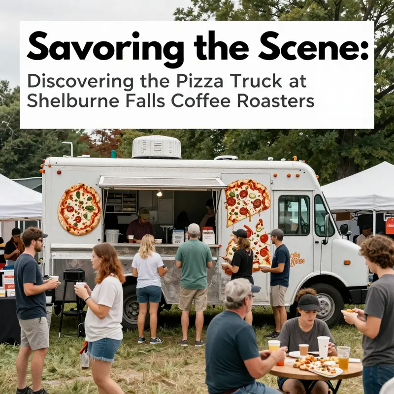 A lively pizza truck scene at Shelburne Falls Coffee Roasters, showcasing the local food culture.