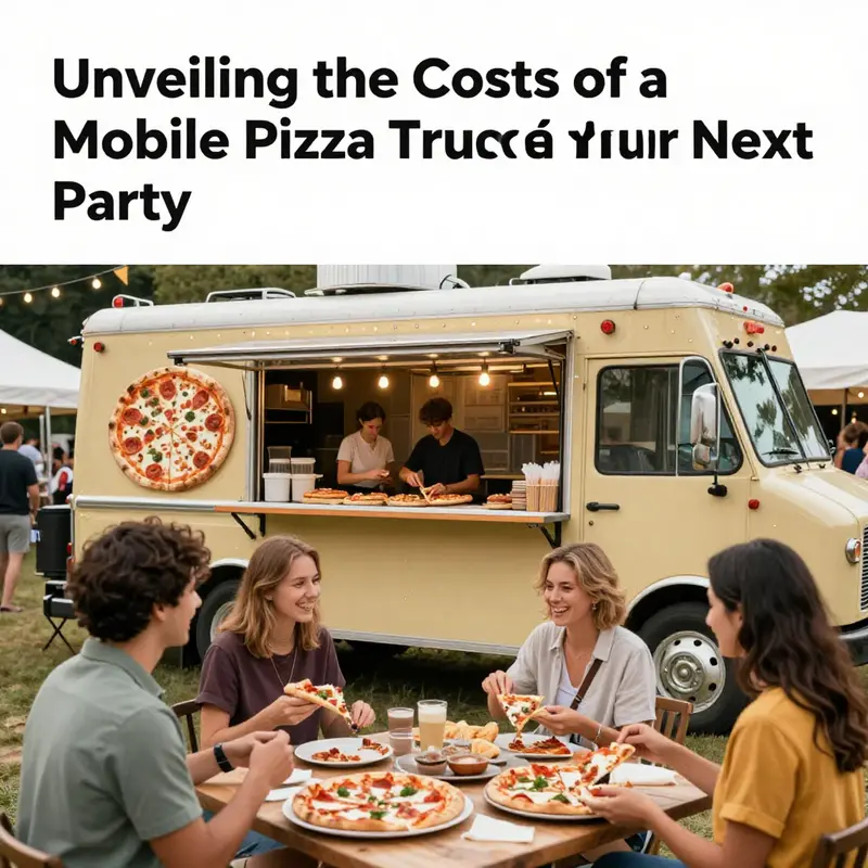 A lively outdoor event with guests enjoying pizza from a mobile pizza truck.