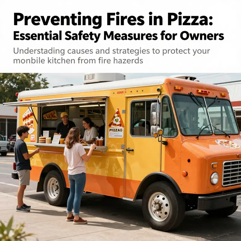 A lively pizza truck scene with customers ordering pizza, showcasing the importance of safety in the food industry.