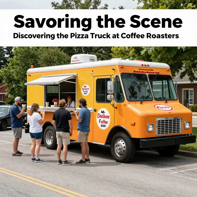 A lively pizza truck scene at Shelburne Falls Coffee Roasters, showcasing the local food culture.