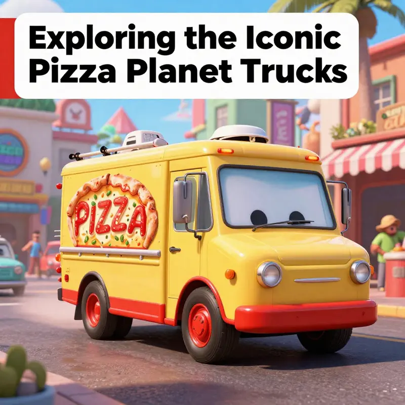 A lively scene featuring the Pizza Planet truck amidst various colorful Pixar characters.