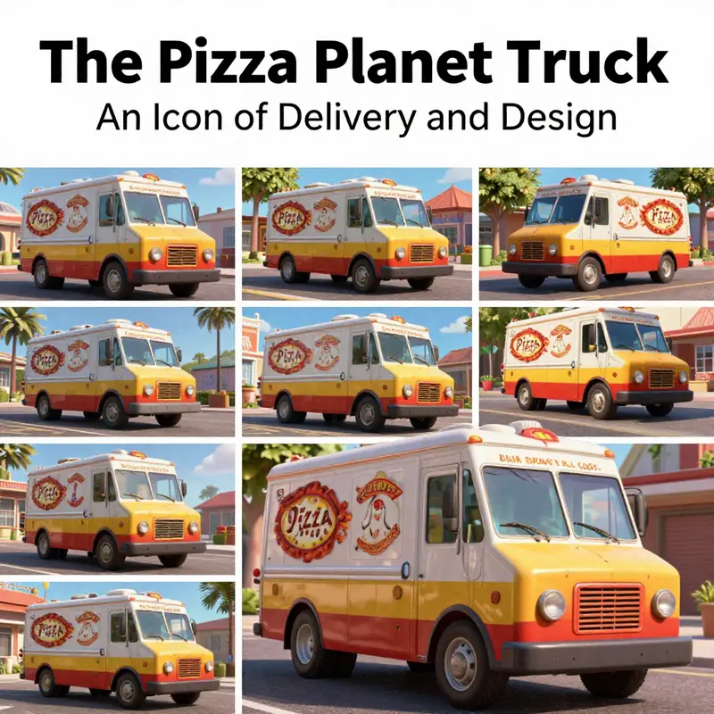 The vibrant and distinct design of the Pizza Planet Truck, showcasing its playful aesthetic.