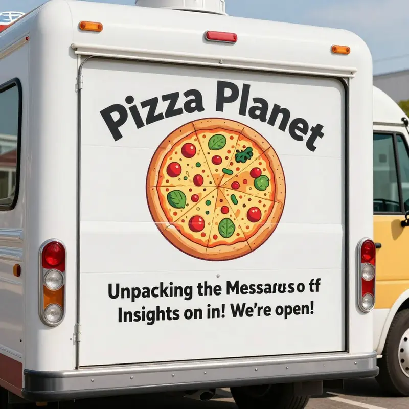 Detailed view of the back of the Pizza Planet Truck, emphasizing its iconic logo and design elements.