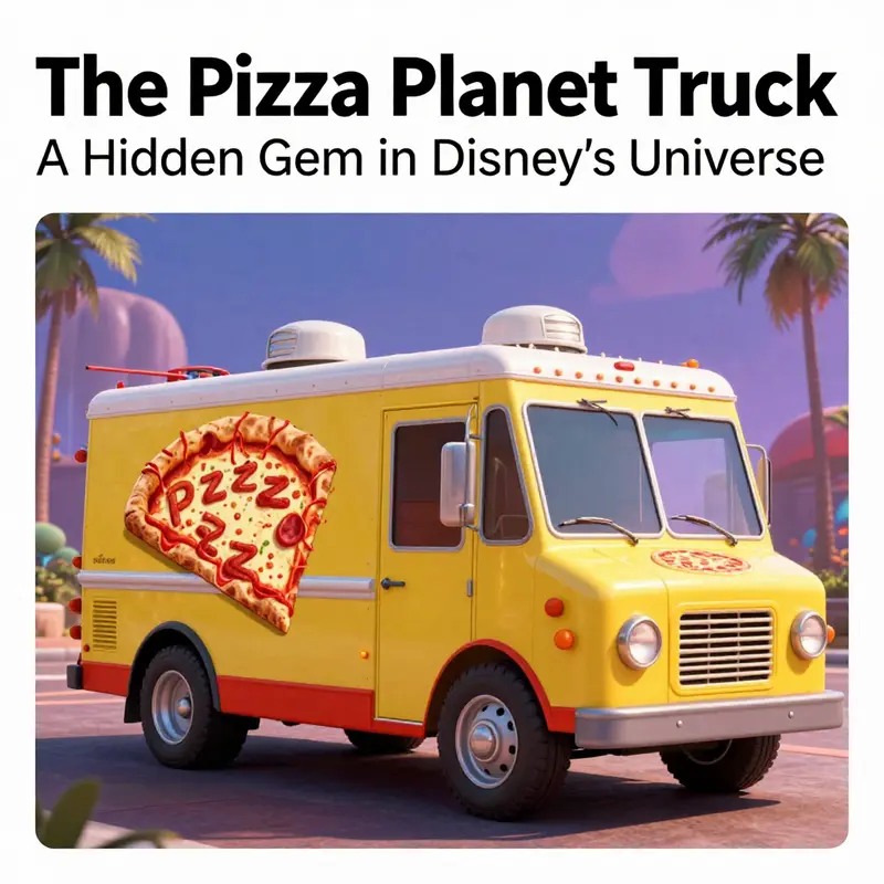 The Pizza Planet truck from Pixar films set against a colorful backdrop of various film scenes.