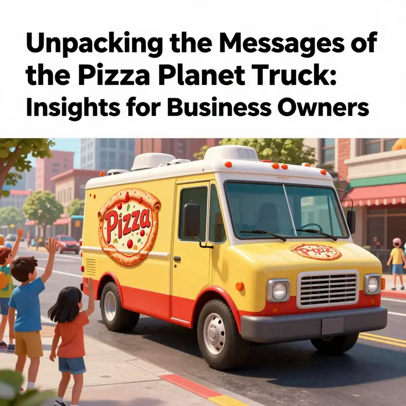 The Pizza Planet Truck driving through a colorful city, symbolizing joy and nostalgia.