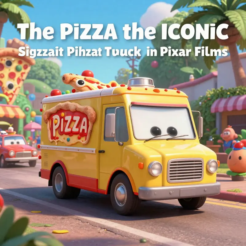 The iconic Pizza Planet truck seen traversing the colorful landscapes of various Pixar films.