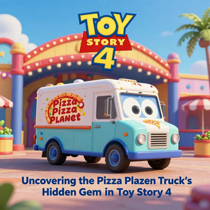 The Pizza Planet Truck parked at the carnival entrance in Toy Story 4.