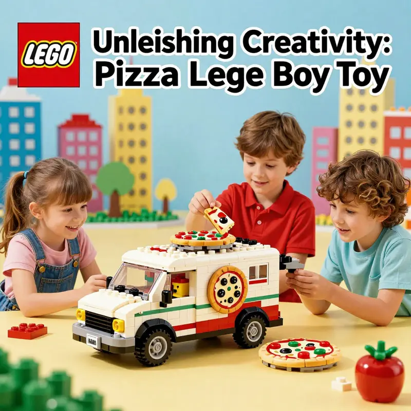 A colorful visual of the LEGO Pizza Truck with children interacting, set in a lively city environment.