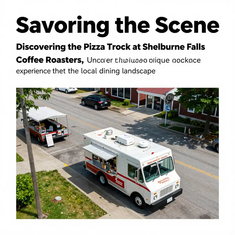 A scenic view of Shelburne Falls Coffee Roasters showcasing the nearby pizza truck and bustling customers.