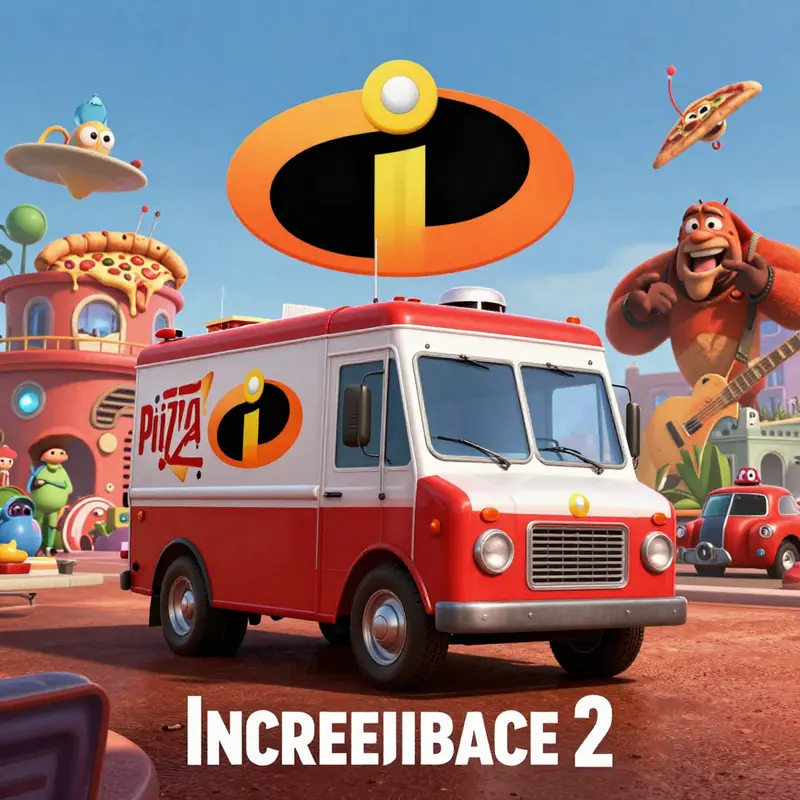 Elastigirl making her daring move with the Pizza Planet Truck visible in the backdrop.