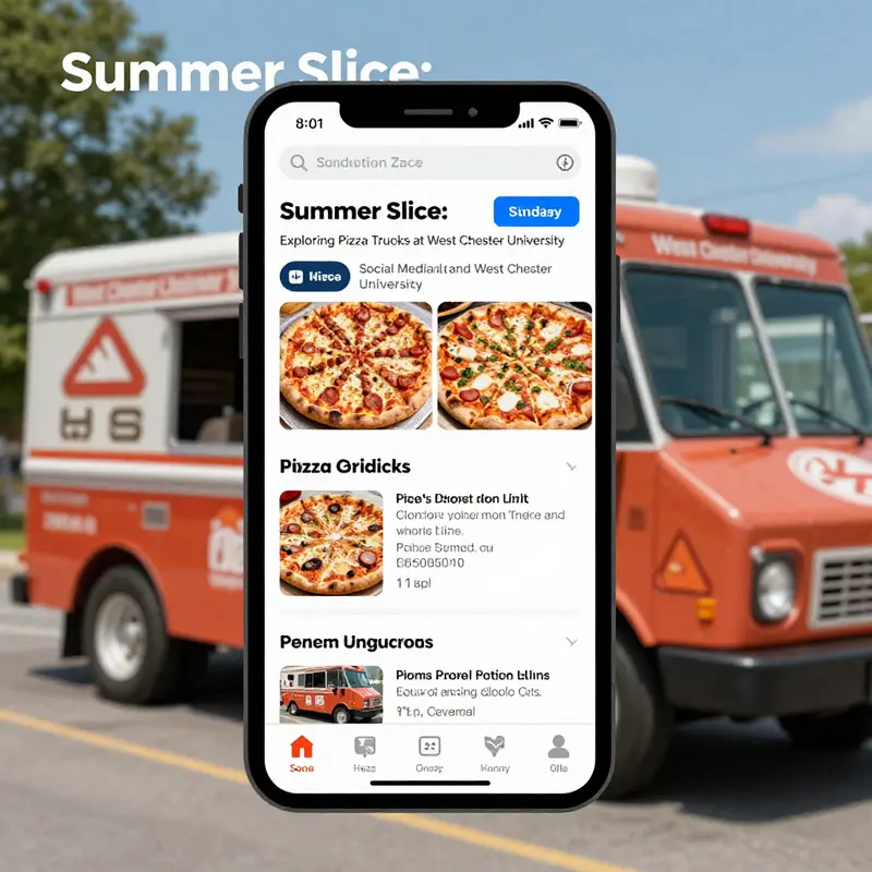A vibrant pizza truck on West Chester University’s campus, serving students during a sunny summer day.