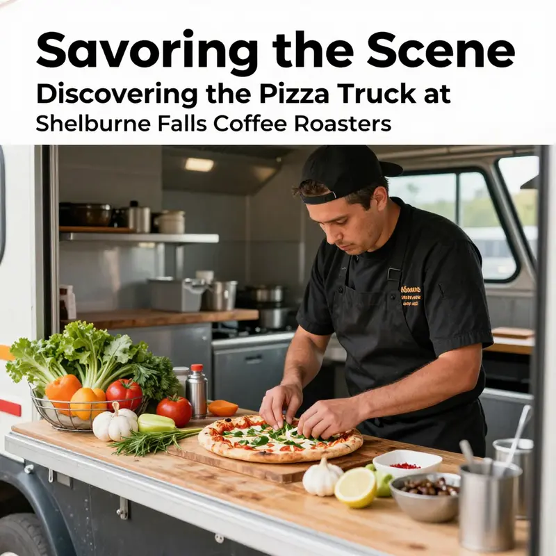 A lively pizza truck scene at Shelburne Falls Coffee Roasters, showcasing the local food culture.