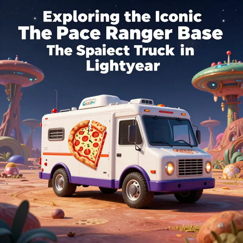 The Pizza Planet truck parked at the Space Ranger Base on Torrance, showcasing its vibrant setting.