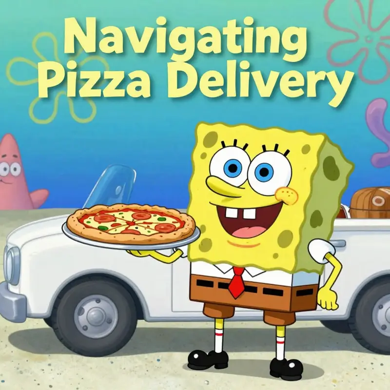 SpongeBob delivering pizza in Bikini Bottom, capturing the spirit of joy and enthusiasm.