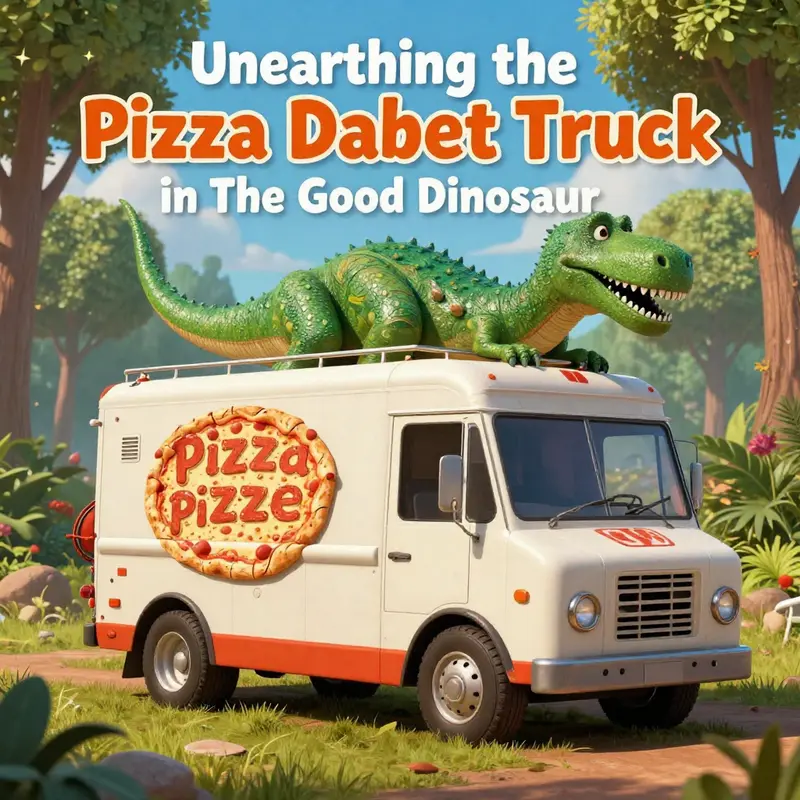 The Pizza Planet Truck nestled next to a barn in the vibrant world of The Good Dinosaur.
