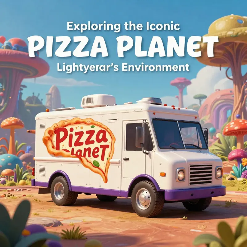 The Pizza Planet truck parked at the Space Ranger Base on Torrance, showcasing its vibrant setting.