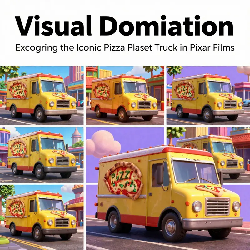 The iconic Pizza Planet truck seen traversing the colorful landscapes of various Pixar films.