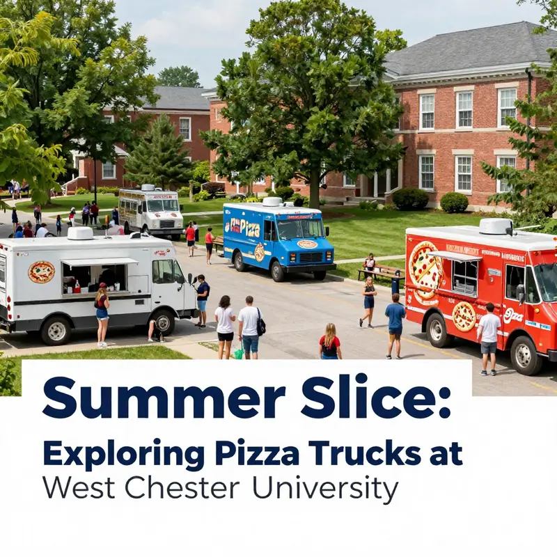 A vibrant summer scene at West Chester University featuring students and pizza trucks.