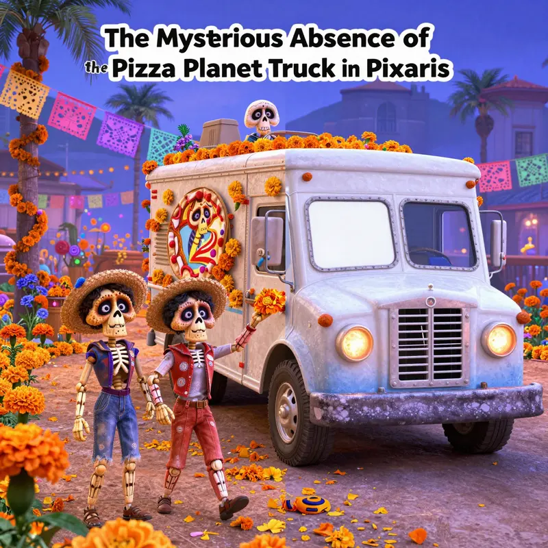 Coco’s vibrant scenery contrasts with the absent Pizza Planet Truck.